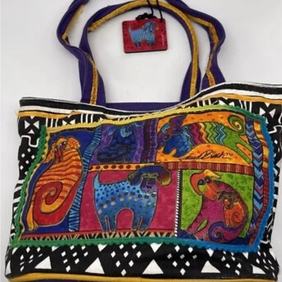 Laurel Burch‎ Colorful Dogs Canvas Tote Bag Boho Artcore Festival Y2K Purse - Picture 2 of 9
